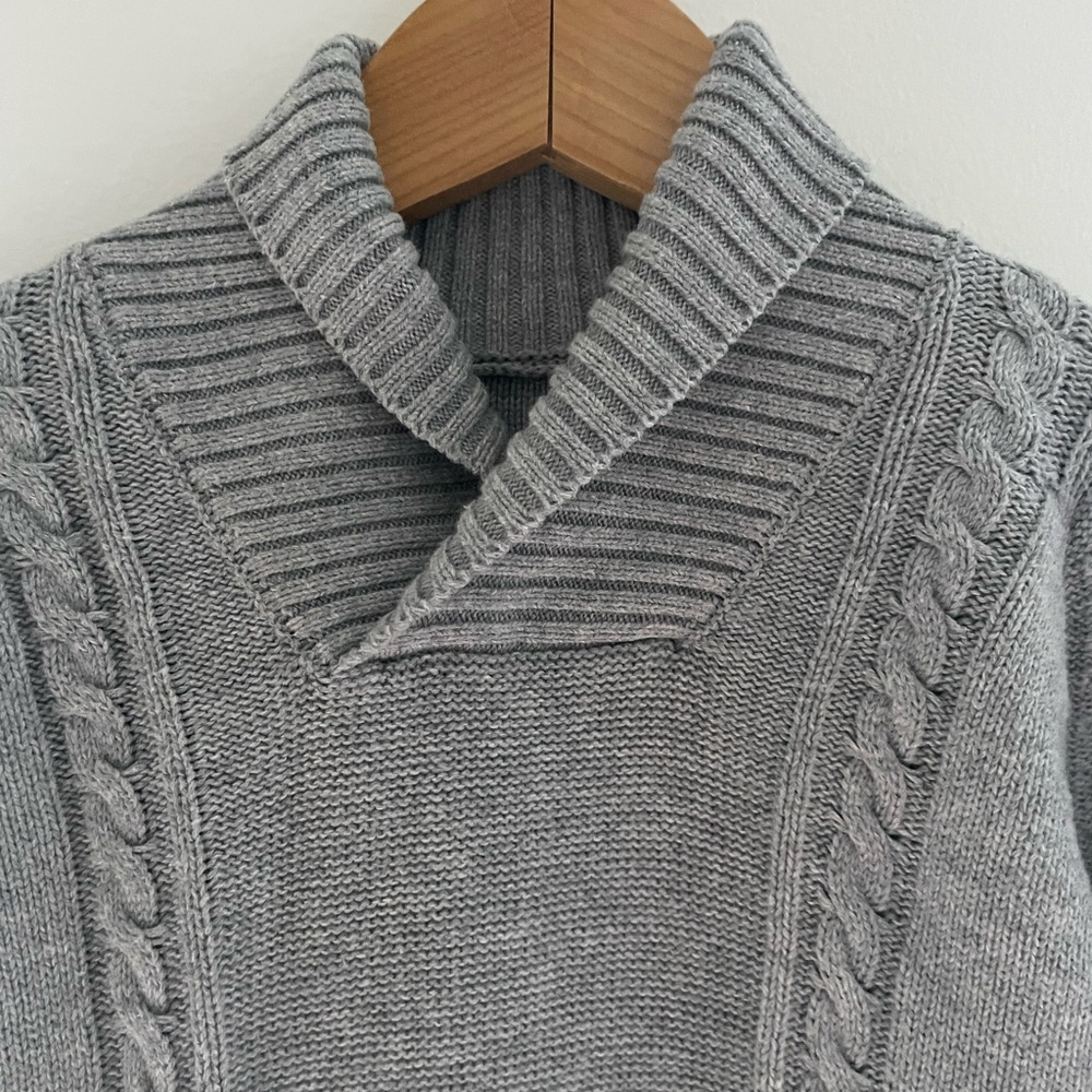Like New Amazing Cable Knit Jumpsuit, Shawl Collar, Gray, Zip Up Legs, Cotton